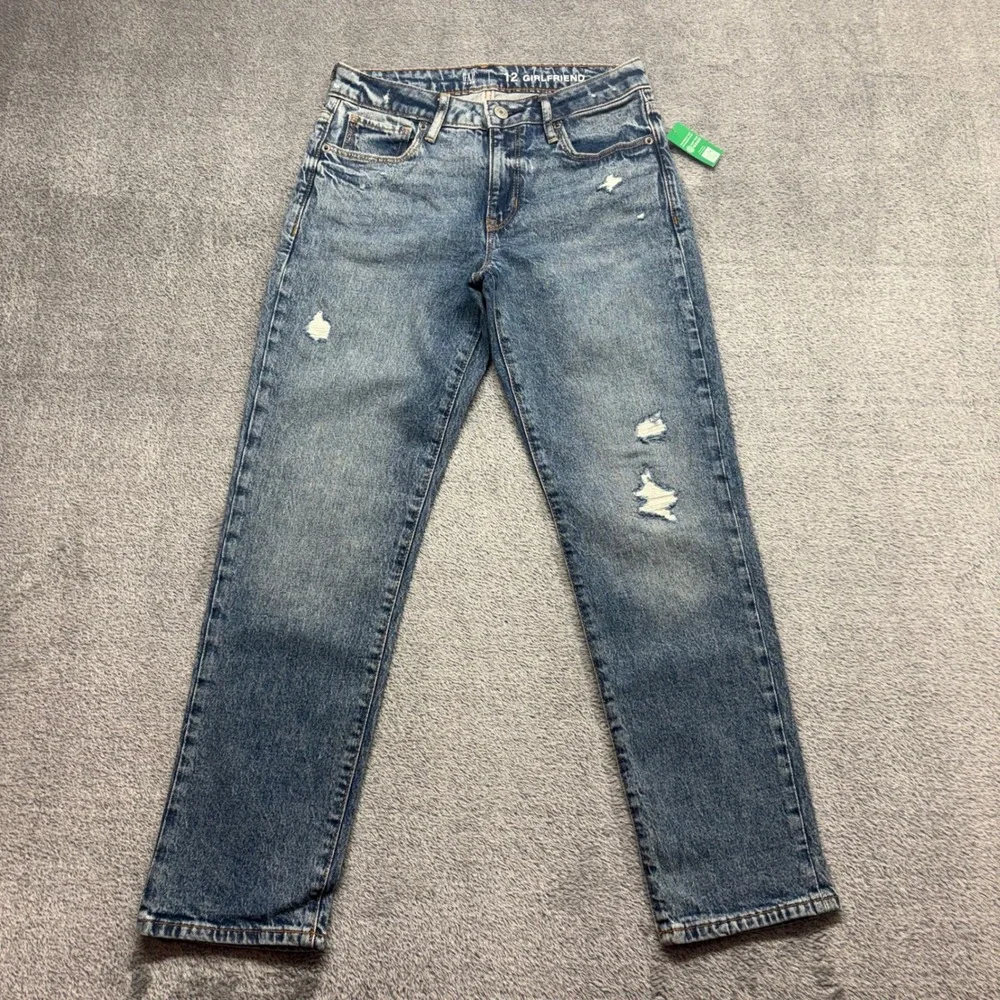 NWT‎ Gap Girlfriend Jeans Kids Size 12 Blue Distressed Adjustable WaistV